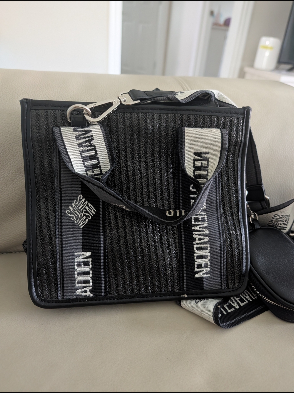 Steve Madden Black Striped Canvas Crossbody Tote with Logo Strap